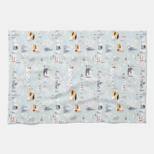 コージーウィンターワンダーランドアイススケートで滑るビレッジパターン キッチンタオル (横)