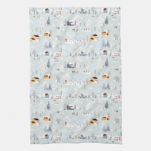 コージーウィンターワンダーランドアイススケートで滑るビレッジパターン キッチンタオル (縦)