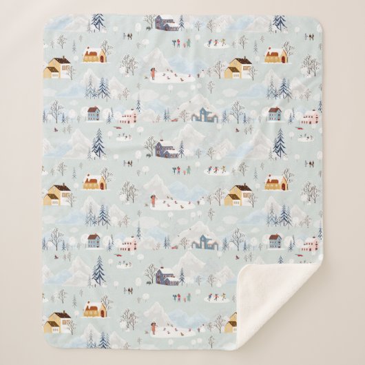 コージーウィンターワンダーランドアイススケートで滑るビレッジパターン シェルパブランケット (正面)