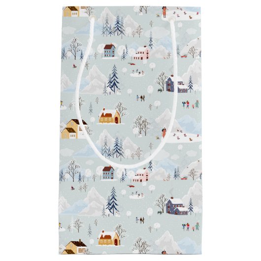 コージーウィンターワンダーランドアイススケートで滑るビレッジパターン スモールペーパーバッグ (正面)