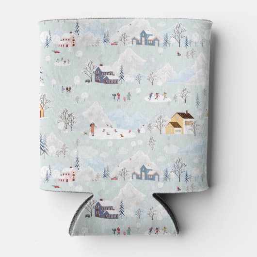 コージーウィンターワンダーランドアイススケートで滑るビレッジパターン 缶クーラー (正面)