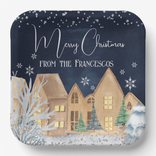 コージーウォーターカラーウィンタービレッジクリスマス ペーパープレート (正面)