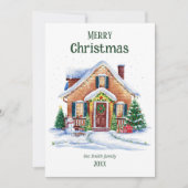 コージーウォーターカラークリスマスハウスホリデーカード 招待状 (正面)