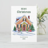 コージーウォーターカラークリスマスハウスホリデーカード 招待状 (スタンド正面)