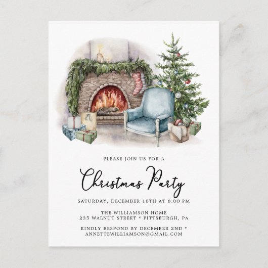 コージーウォーターカラーホームクリスマスパーティの招待状 ポストカード (正面)