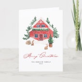 コージーウォーターカラーレッドクリスマスコテージ 素朴 シーズンカード (正面)