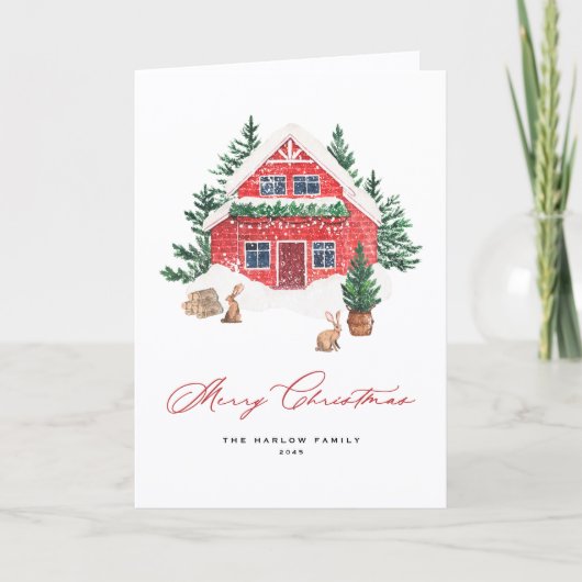 コージーウォーターカラーレッドクリスマスコテージ 素朴 シーズンカード (正面)
