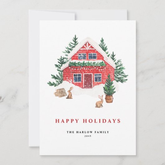 コージーウォーターカラーレッドホリデイコテージ 素朴 シーズンカード (正面)