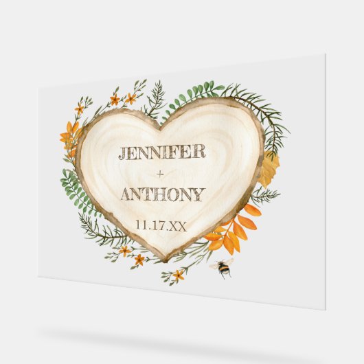 コージーウッドランドコテージコアウッドハート結婚ズ アクリルサイン (傾斜)