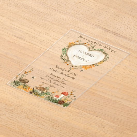 コージーウッドランドコテージコアウッドハート結婚ズ アクリル招待状 (レイダウン)