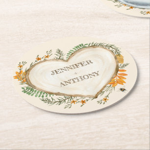 コージーウッドランドコテージコアウッドハート結婚ズ ラウンドペーパーコースター