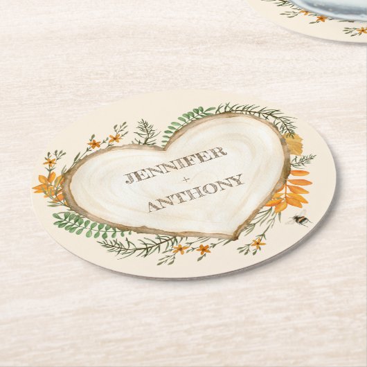 コージーウッドランドコテージコアウッドハート結婚ズ ラウンドペーパーコースター (アングル)