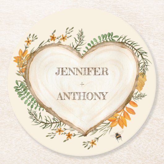コージーウッドランドコテージコアウッドハート結婚ズ ラウンドペーパーコースター (正面)