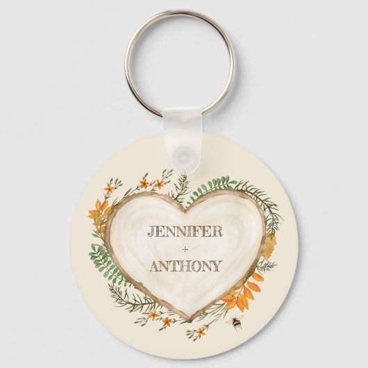 コージーウッドランドコテージコーウッドパーソナライズされたハート キーホルダー (正面)