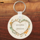 コージーウッドランドコテージコーウッドパーソナライズされたハート キーホルダー (正面)