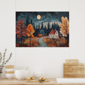 コージーオータムナイトコテージウォーターカラー秋アート ポスター (キッチン)