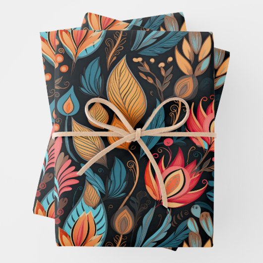 コージーオータムフローラプリントデジタルフォークアート ラッピングペーパーシート (インサイチュ)