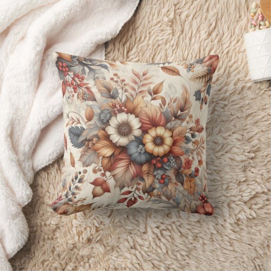 コージーオータムボタニカル花模様 クッション (ブランケット)