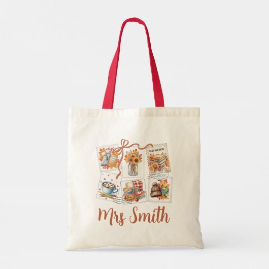 コージーオータムヴィンテージスタンプパーソナライズされた先生 トートバッグ (裏面)