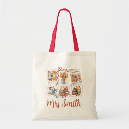 コージーオータムヴィンテージスタンプパーソナライズされた先生 トートバッグ (正面)