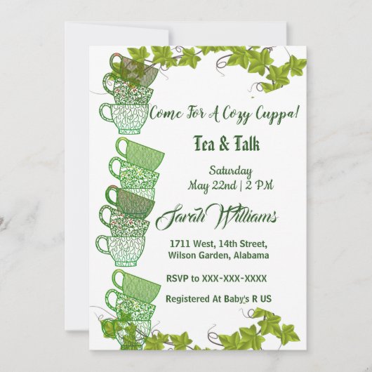 コージーカップパグリーンティーカップアフタヌーンティーパーティー 招待状 (正面)