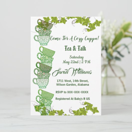 コージーカップパグリーンティーカップアフタヌーンティーパーティー 招待状 (スタンド正面)