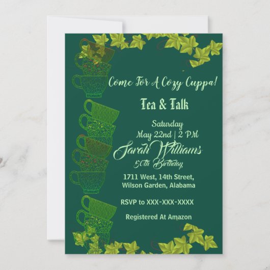 コージーカップパグリーンティーカップアフタヌーンティー50誕生日 招待状 (正面)