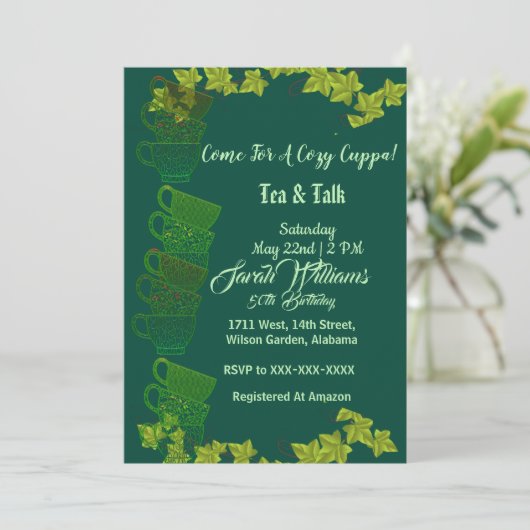 コージーカップパグリーンティーカップアフタヌーンティー50誕生日 招待状 (スタンド正面)