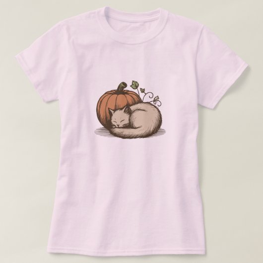 コージーキャットアンドパンプキンオータムデザイン Tシャツ (デザイン正面)