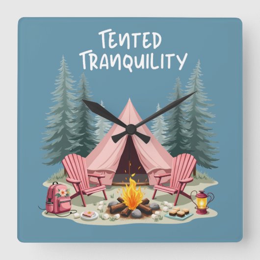 コージーキャンピングエステティックグランプテント&キャンプファイア スクエア壁時計 (正面)