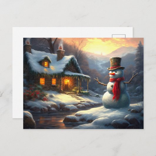 コージークリスマスコテージ&雪だるま | ヴィンテージ冬 インビテーションポストカード (正面/裏面)
