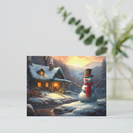 コージークリスマスコテージ&雪だるま | ヴィンテージ冬 インビテーションポストカード (スタンド正面)