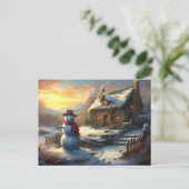 コージークリスマスコテージ&雪だるま | ヴィンテージ冬 インビテーションポストカード (スタンド正面)