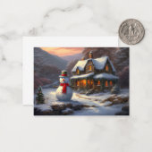 コージークリスマスコテージ&雪だるま | ヴィンテージ冬 ノートカード (正面/裏面インサイチュ)