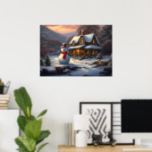 コージークリスマスコテージ&雪だるま | ヴィンテージ冬 ポスター (ホームオフィス)