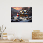 コージークリスマスコテージ&雪だるま | ヴィンテージ冬 ポスター (キッチン)