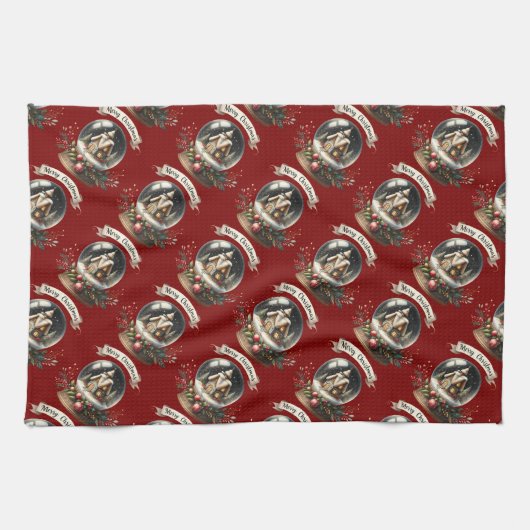 コージークリスマススノーグローブコテージシーン キッチンタオル (横)