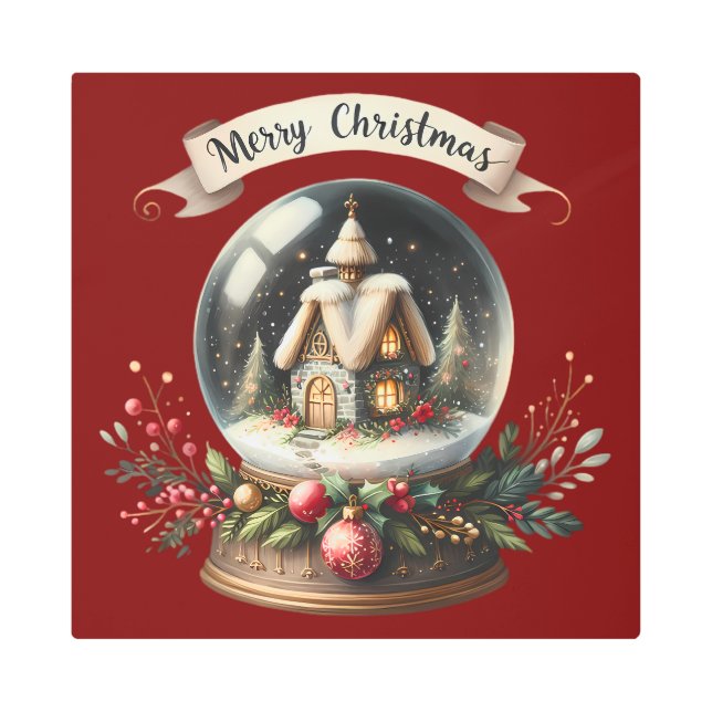 コージークリスマススノーグローブコテージシーン メタルプリント (正面)