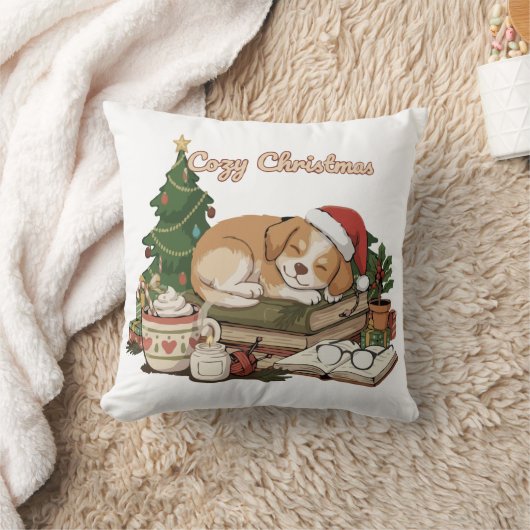 コージークリスマススリーピングパピー&ブックスヴィンテージ クッション (ブランケット)