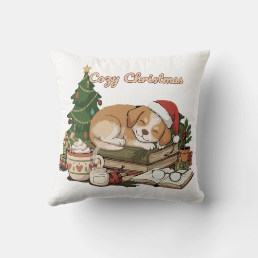 コージークリスマススリーピングパピー&ブックスヴィンテージ クッション (裏面)