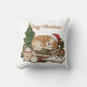 コージークリスマススリーピングパピー&ブックスヴィンテージ クッション (正面)