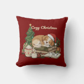コージークリスマススリーピングパピー&ブックスヴィンテージ クッション (正面)