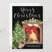 コージークリスマスツリー暖炉カスタムホリデーカード (正面/裏面)