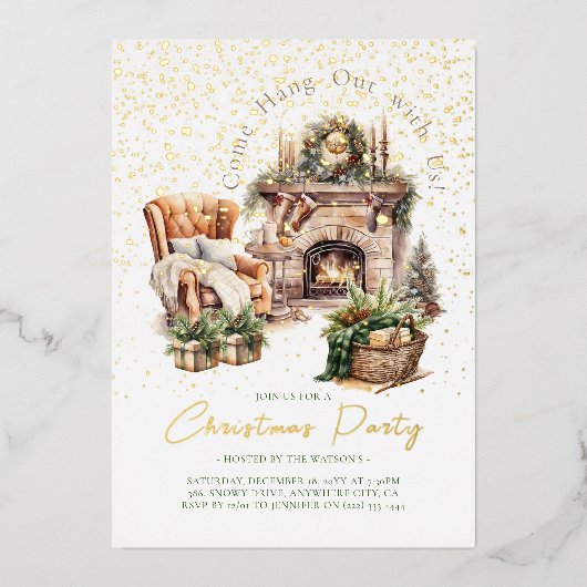 コージークリスマスホリデーフォイル招待状 箔招待状 (正面)