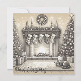 コージークリスマス子猫スケッチフラットカード シーズンカード