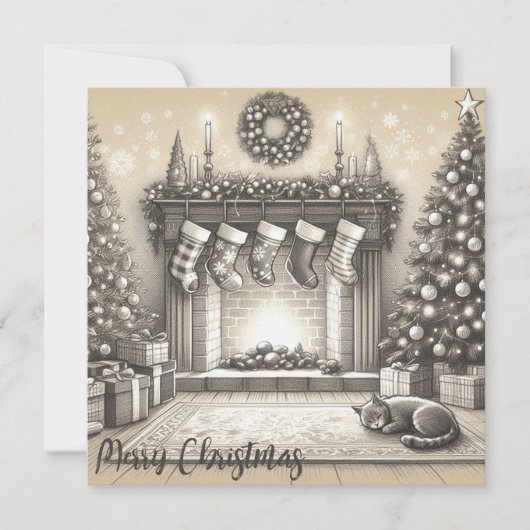 コージークリスマス子猫スケッチフラットカード シーズンカード (正面)