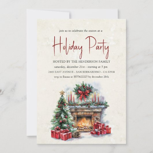 コージークリスマス暖炉ホリデーパーティー 招待状 (正面)