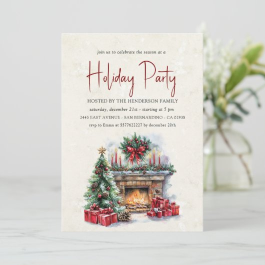 コージークリスマス暖炉ホリデーパーティー 招待状 (スタンド正面)