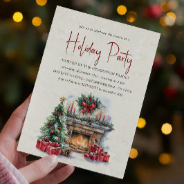 コージークリスマス暖炉ホリデーパーティー 招待状