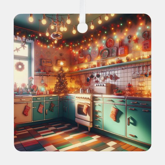 コージーコテージキッチュレトロクリスマスパーソナライズされた メタルオーナメント (正面)